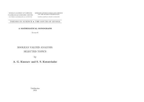 Boolean Valued Analysis Selected Topics Kusraev Ag Kutateladze Ss