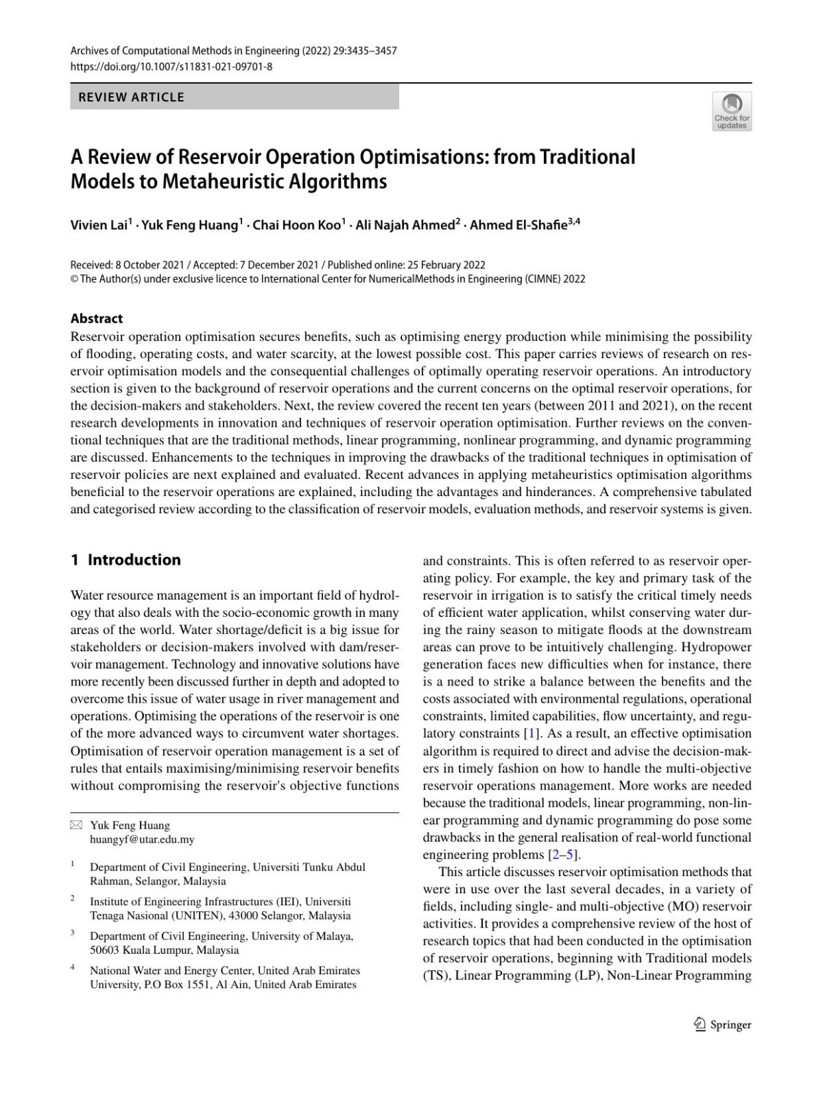A Review Of Reservoir Operation Optimisations From Traditional Models To Metaheuristic Algorithms Vivien Lai Yuk Feng Huang Chai Hoon Koo Ali Najah Ahmed Ahmed Elshafie