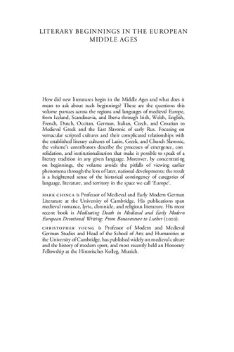 Literary Beginnings In The European Middle Ages Mark Chinca Christopher Young