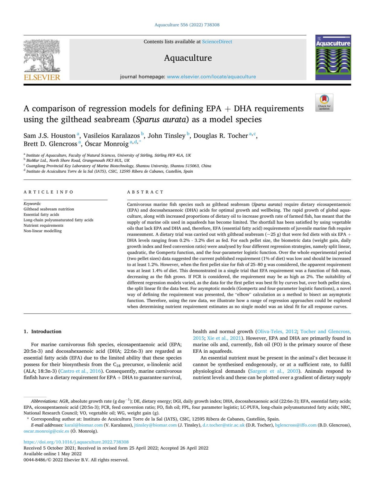 A Comparison Of Regression Models For Defining Epadha Requirements Using The Gilthead Seabream Sparus Aurata As A Model Species Sam Js Houston
