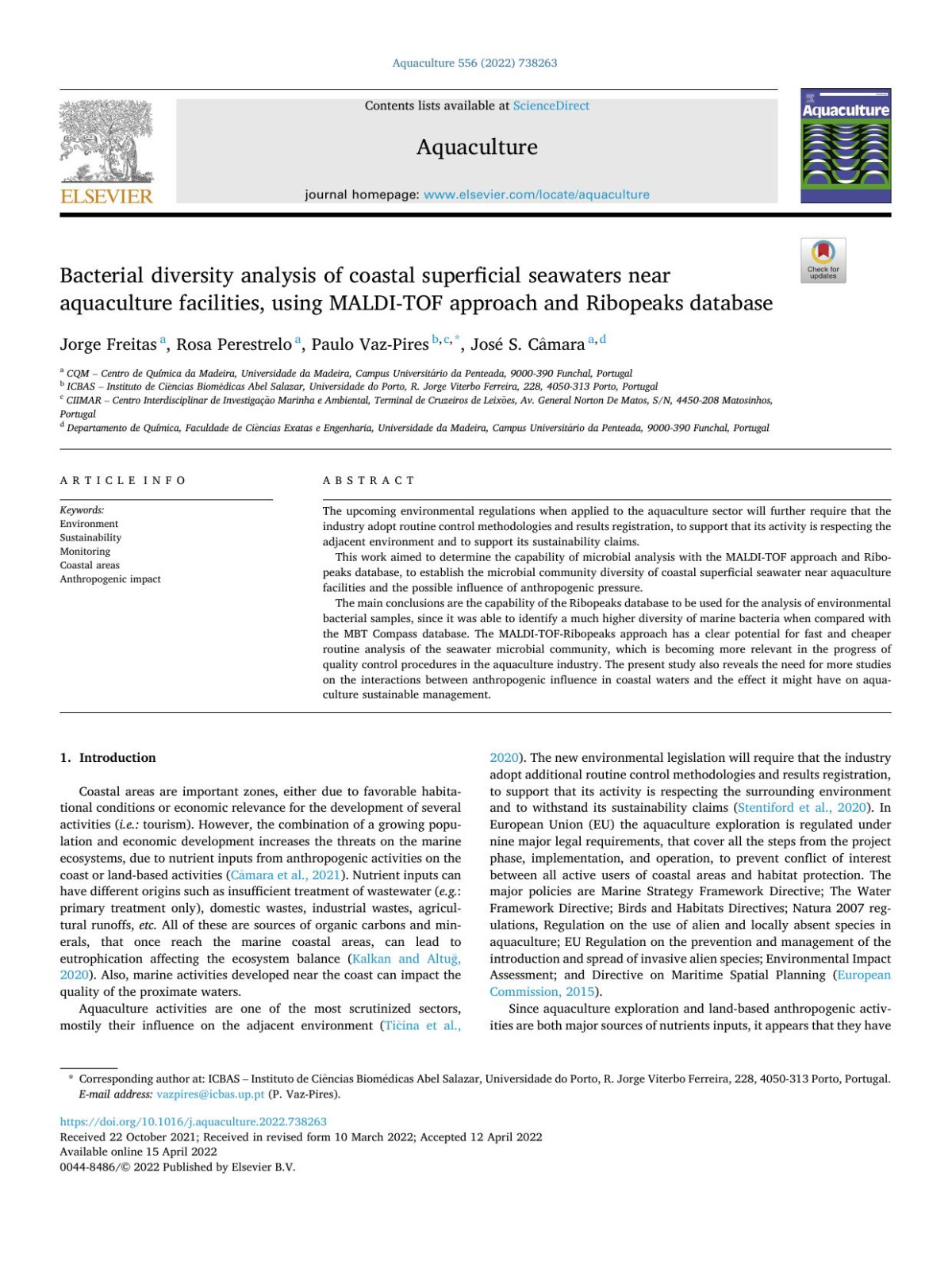 Bacterial Diversity Analysis Of Coastal Superficial Seawaters Near Aquaculture Facilities Using Malditof Approach And Ribopeaks Database Jorge Freitas