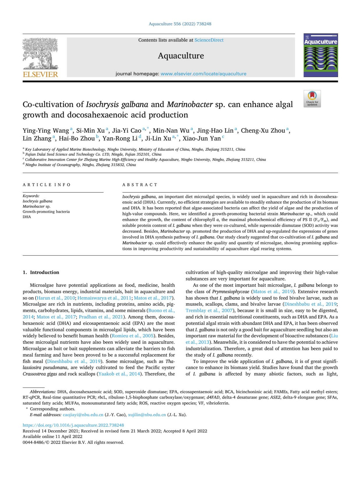 Cocultivation Of Isochrysis Galbana And Marinobacter Sp Can Enhance Algal Growth And Docosahexaenoic Acid Production Yingying Wang