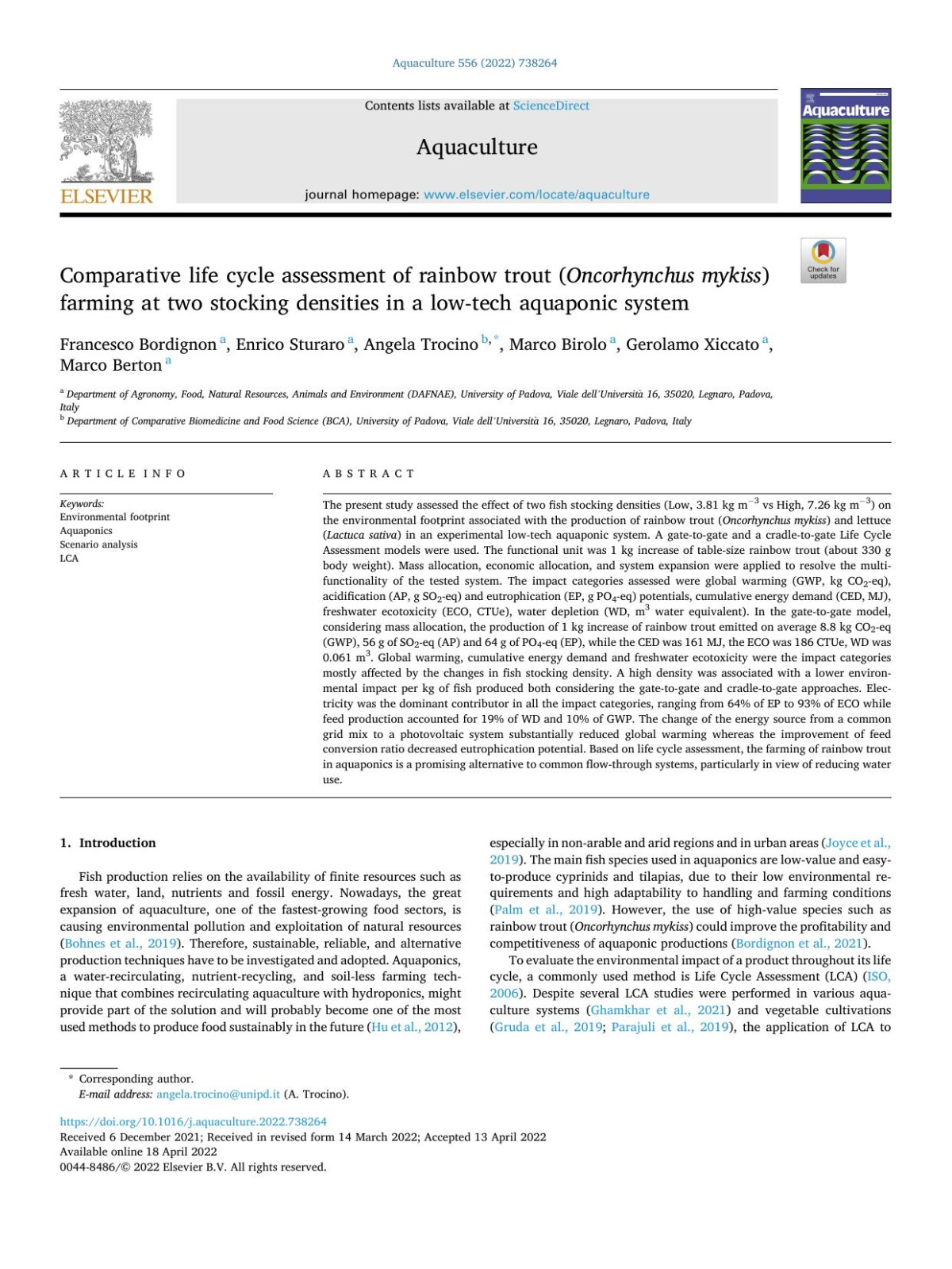 Comparative Life Cycle Assessment Of Rainbow Trout Oncorhynchus Mykiss Farming At Two Stocking Densities In A Lowtech Aquaponic System Francesco Bordignon