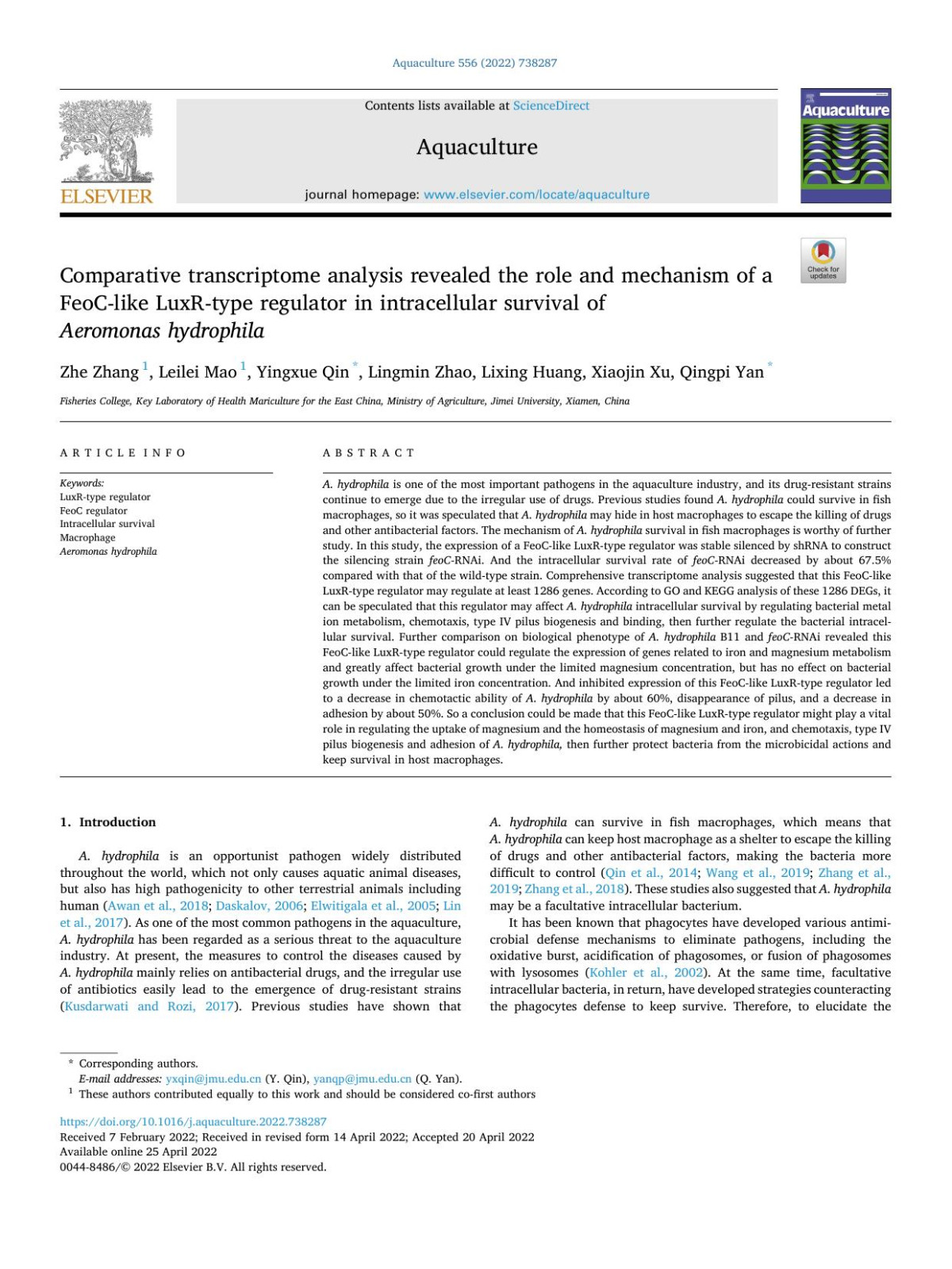 Comparative Transcriptome Analysis Revealed The Role And Mechanism Of A Feoclike Luxrtype Regulator In Intracellular Survival Of Aeromonas Hydrophila Zhe Zhang