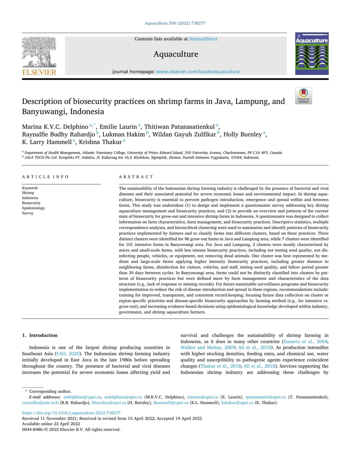 Description Of Biosecurity Practices On Shrimp Farms In Java Lampung And Banyuwangi Indonesia Marina Kvc Delphino