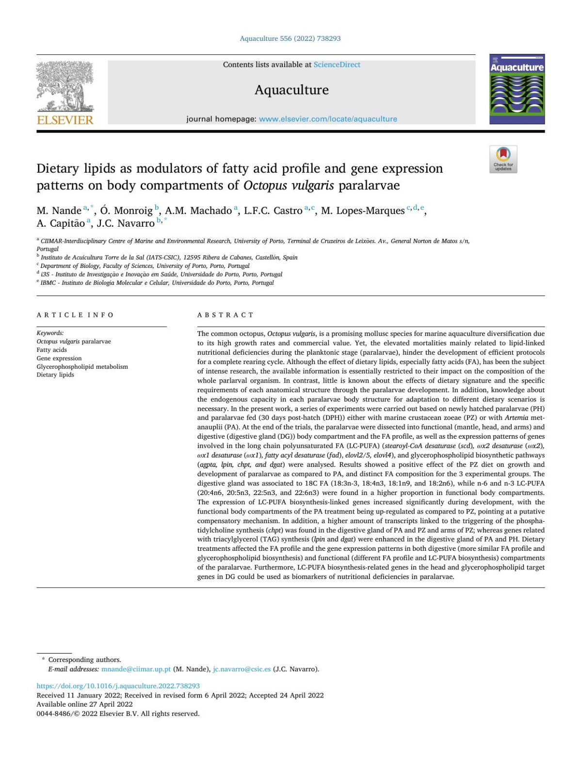 Dietary Lipids As Modulators Of Fatty Acid Profile And Gene Expression Patterns On Body Compartments Of Octopus Vulgaris Paralarvae M Nande