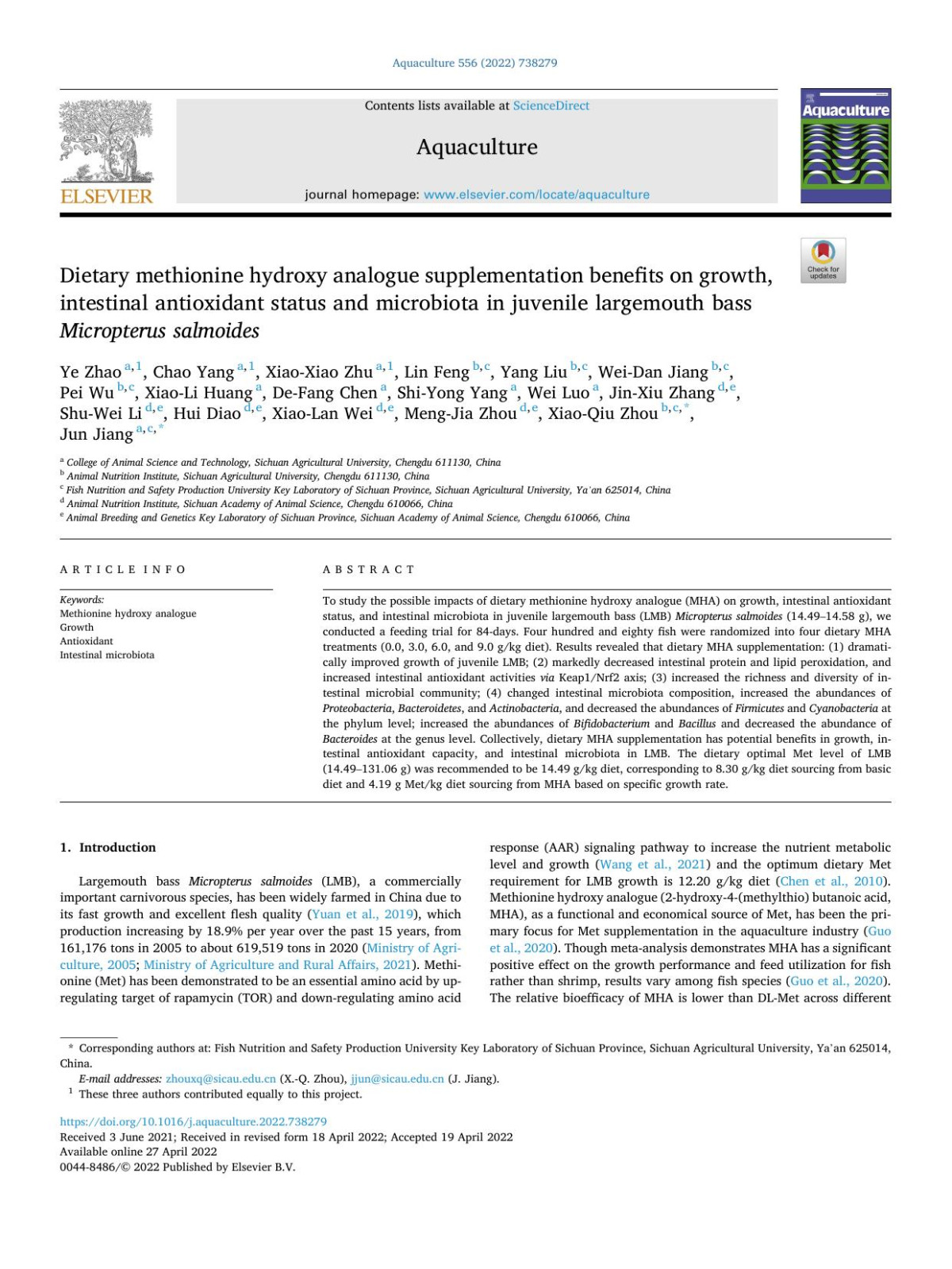 Dietary Methionine Hydroxy Analogue Supplementation Benefits On Growth Intestinal Antioxidant Status And Microbiota In Juvenile Largemouth Bass Micropterus Salmoides Ye Zhao