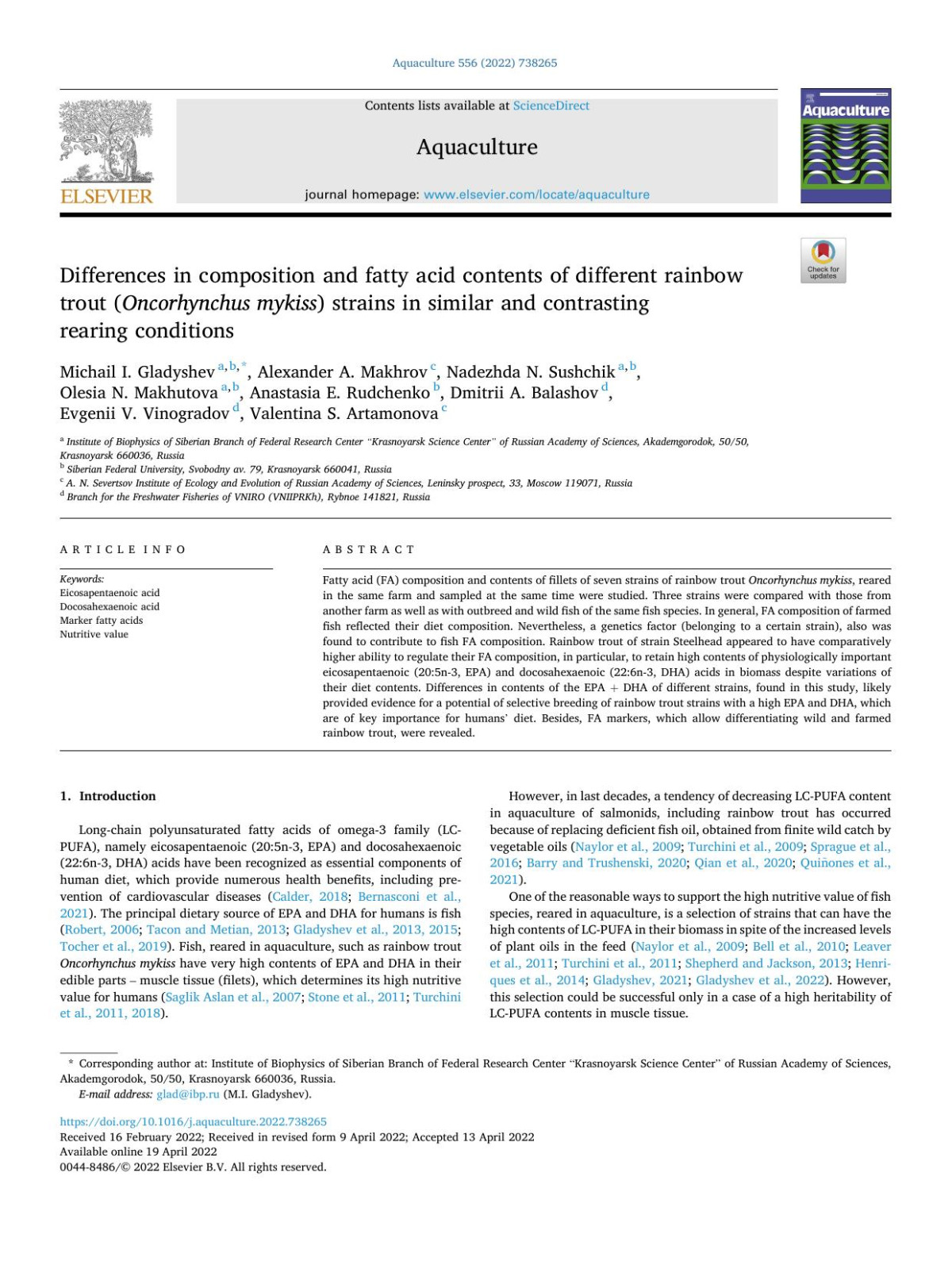 Differences In Composition And Fatty Acid Contents Of Different Rainbow Trout Oncorhynchus Mykiss Strains In Similar And Contrasting Rearing Conditions Michail I Gladyshev