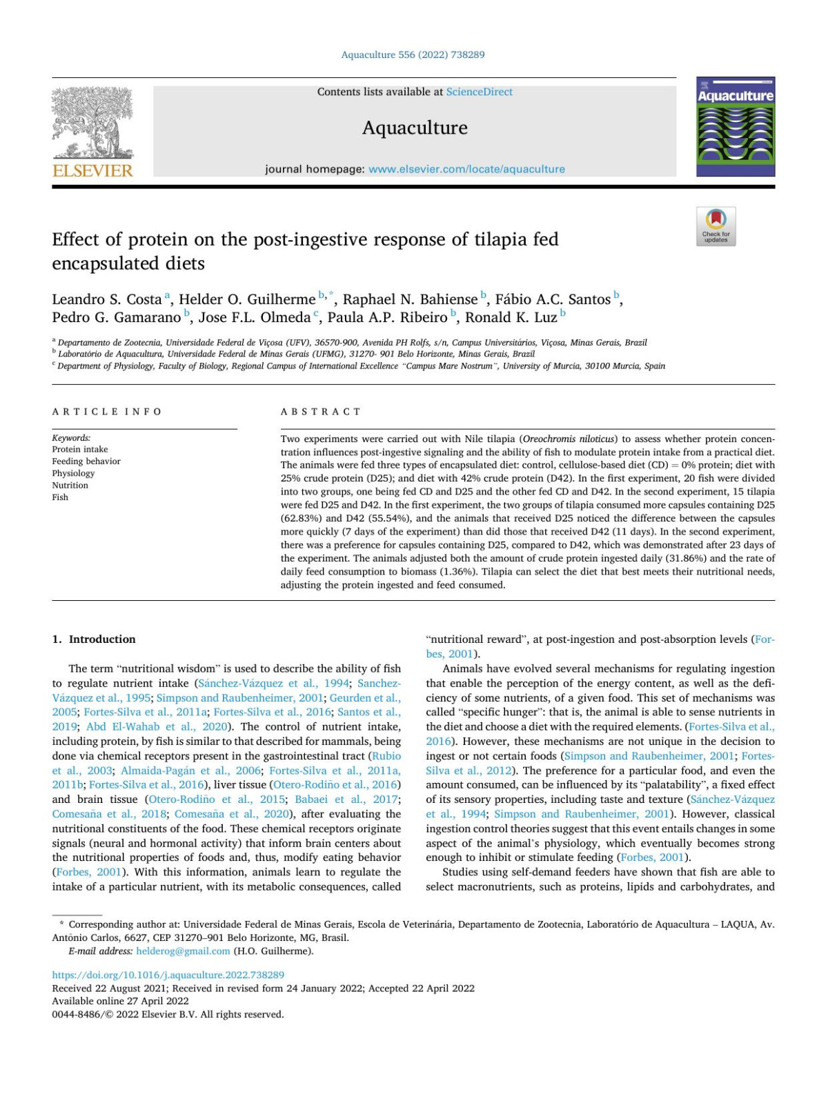 Effect Of Protein On The Postingestive Response Of Tilapia Fed Encapsulated Diets Leandro S Costa