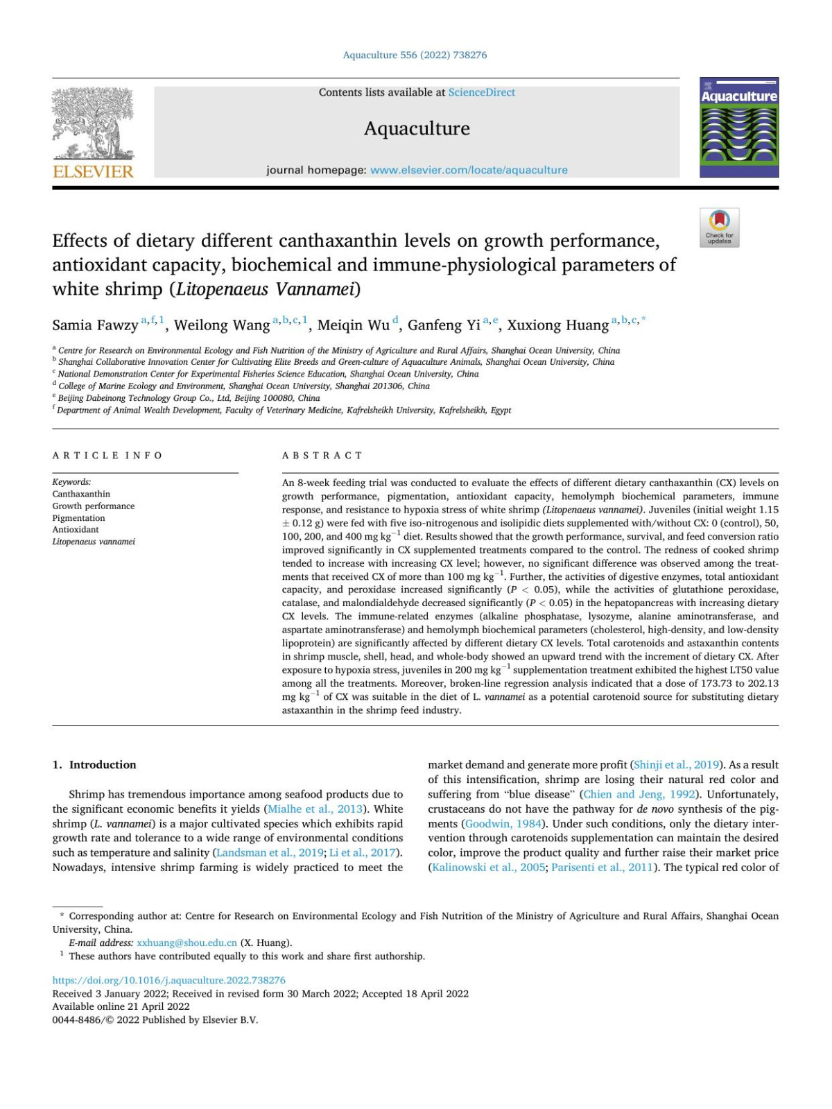 Effects Of Dietary Different Canthaxanthin Levels On Growth Performance Antioxidant Capacity Biochemical And Immunephysiological Parameters Of White Shrimp Litopenaeus Vannamei Samia Fawzy