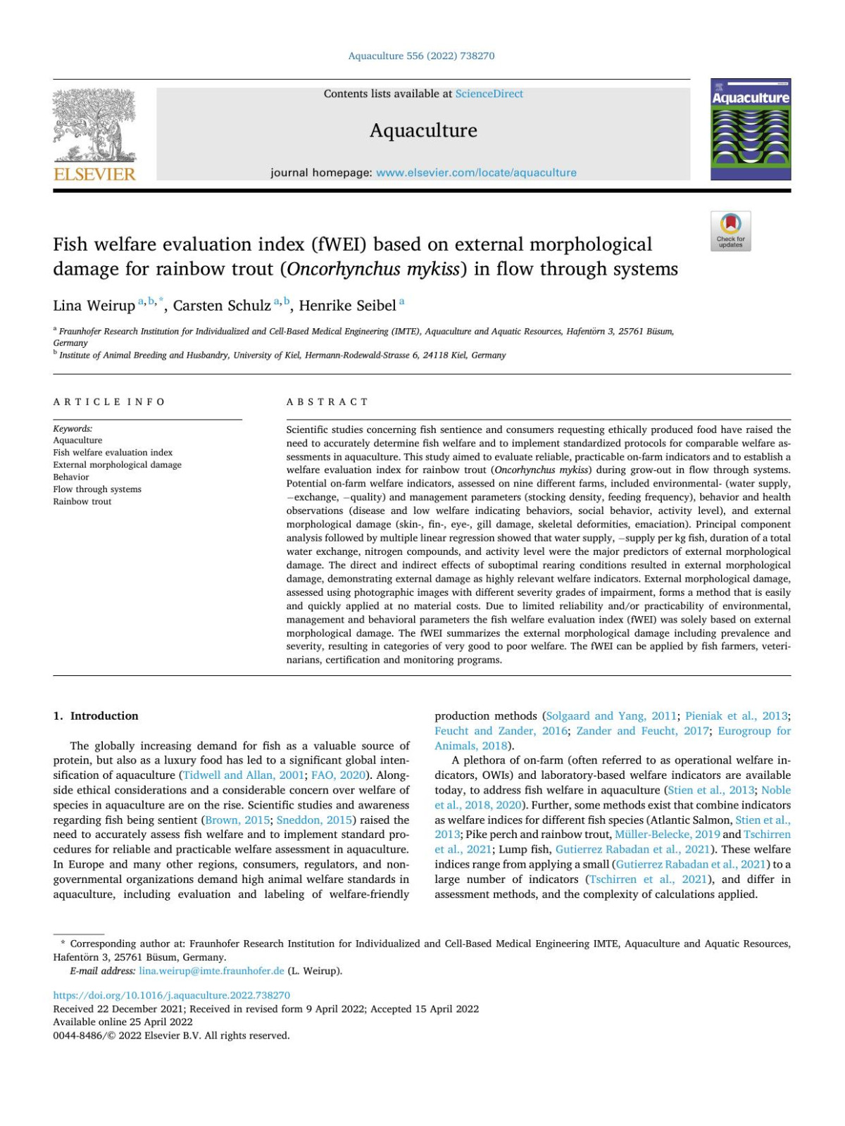 Fish Welfare Evaluation Index Fwei Based On External Morphological Damage For Rainbow Trout Oncorhynchus Mykiss In Flow Through Systems Lina Weirup