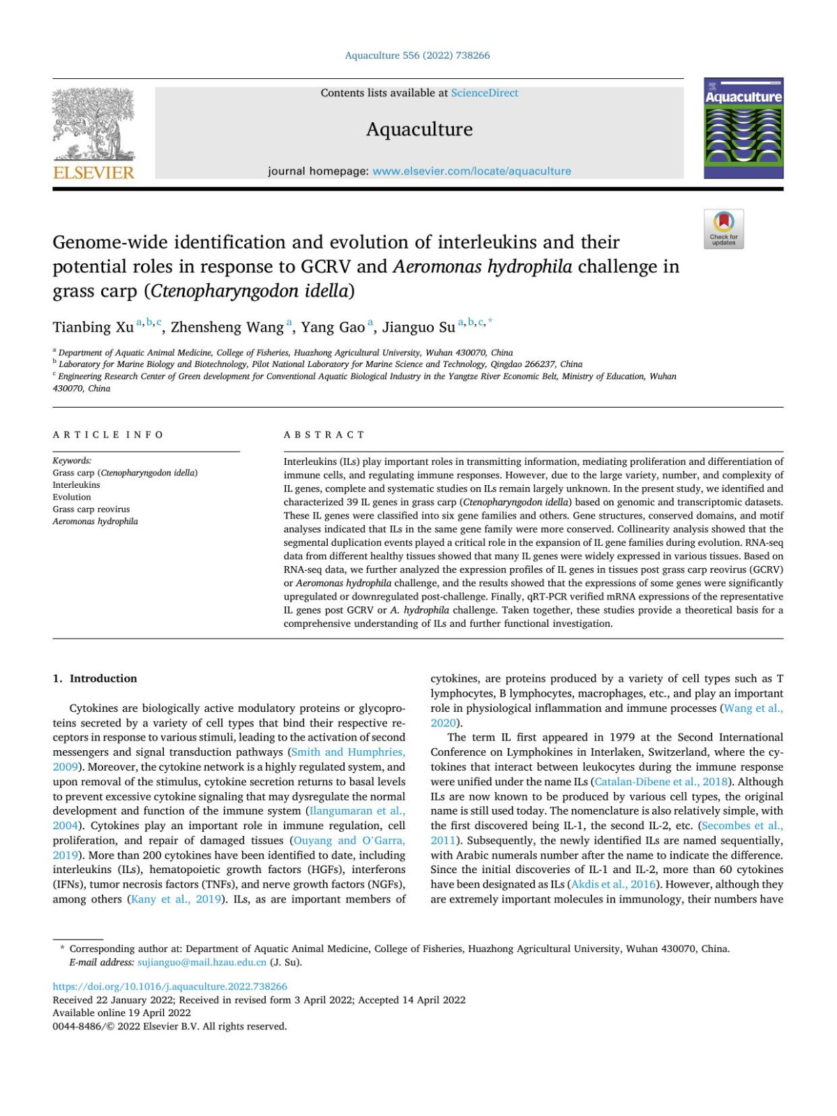 Genomewide Identification And Evolution Of Interleukins And Their Potential Roles In Response To Gcrv And Aeromonas Hydrophila Challenge In Grass Carp Ctenopharyngodon Idella Tianbing Xu Zhensheng Wang Yang Gao Jianguo Su