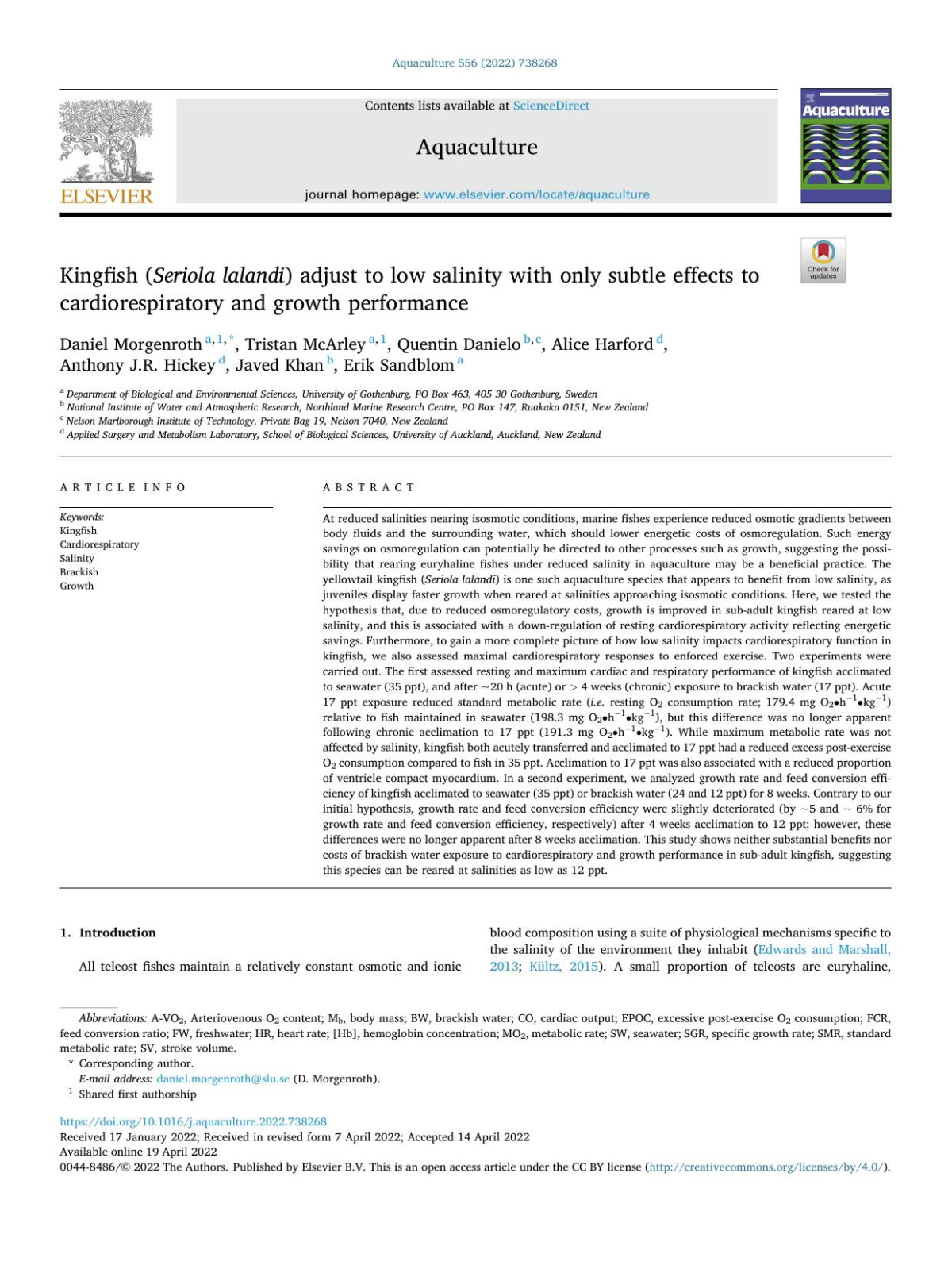 Kingfish Seriola Lalandi Adjust To Low Salinity With Only Subtle Effects To Cardiorespiratory And Growth Performance Daniel Morgenroth