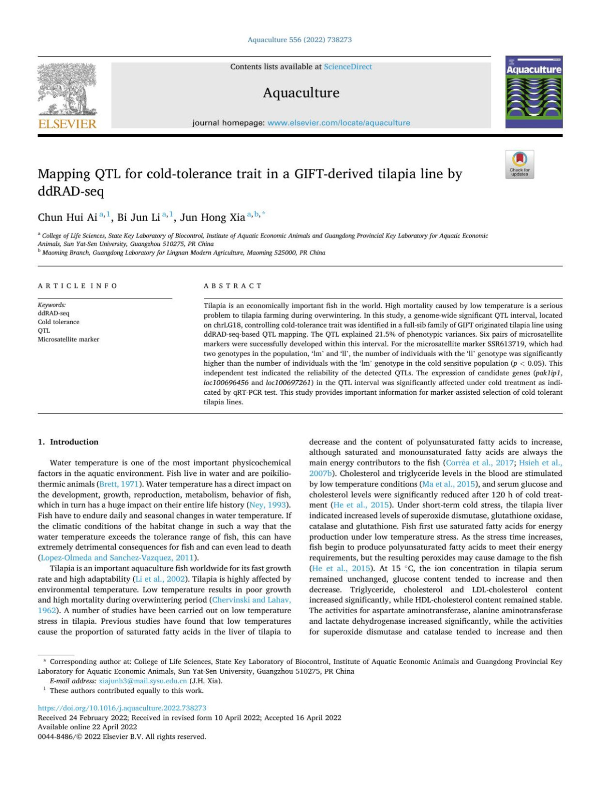 Mapping Qtl For Coldtolerance Trait In A Giftderived Tilapia Line By Ddradseq Chun Hui Ai