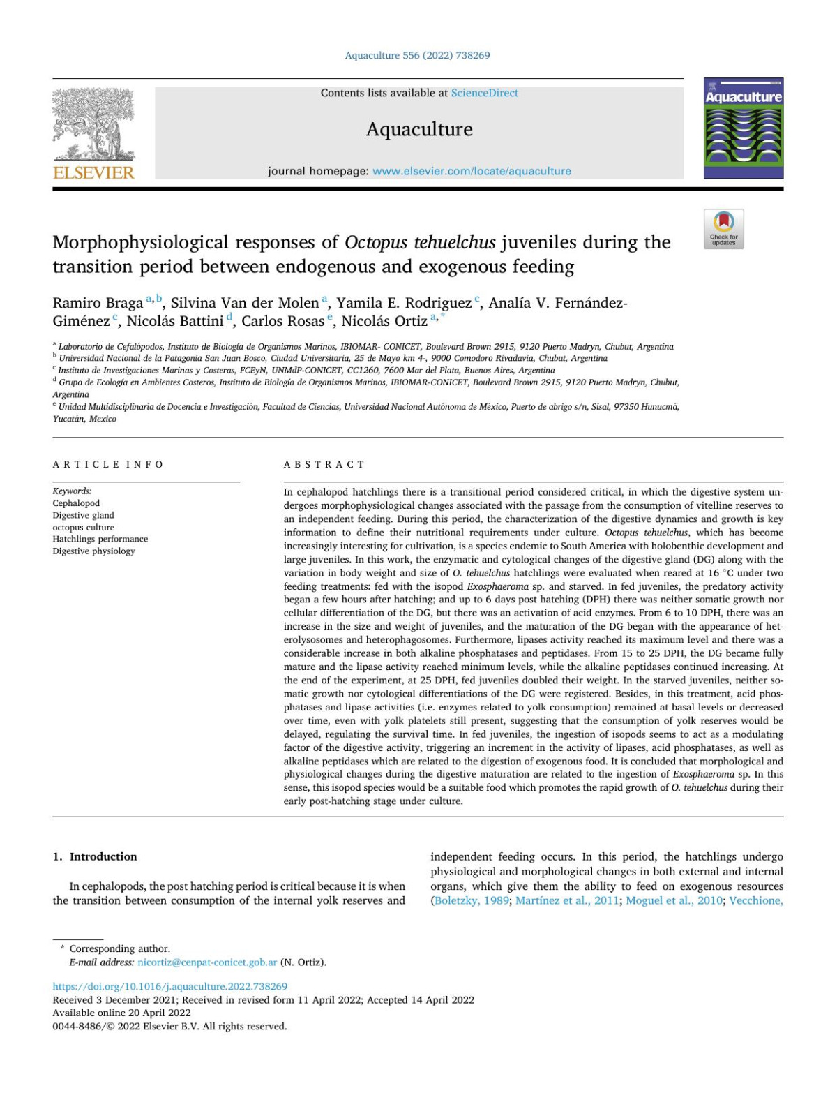 Morphophysiological Responses Of Octopus Tehuelchus Juveniles During The Transition Period Between Endogenous And Exogenous Feeding Ramiro Braga