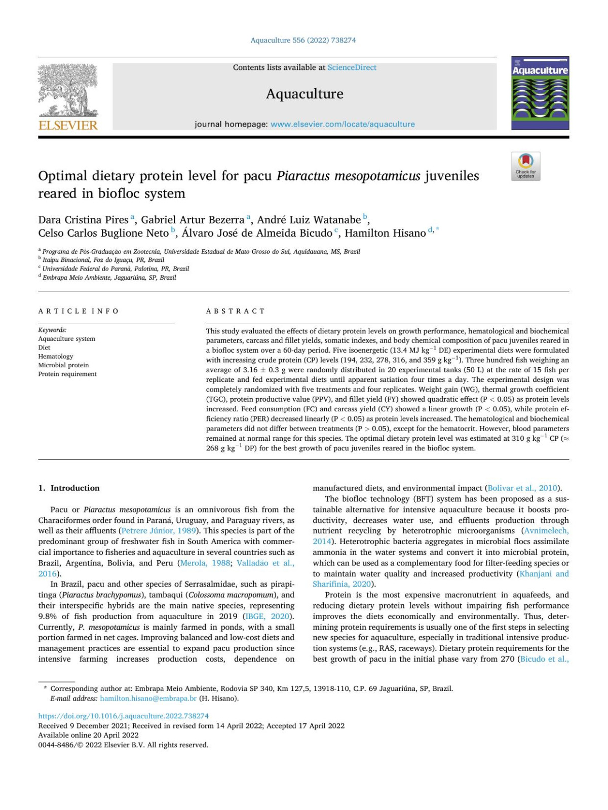 Optimal Dietary Protein Level For Pacu Piaractus Mesopotamicus Juveniles Reared In Biofloc System Dara Cristina Pires