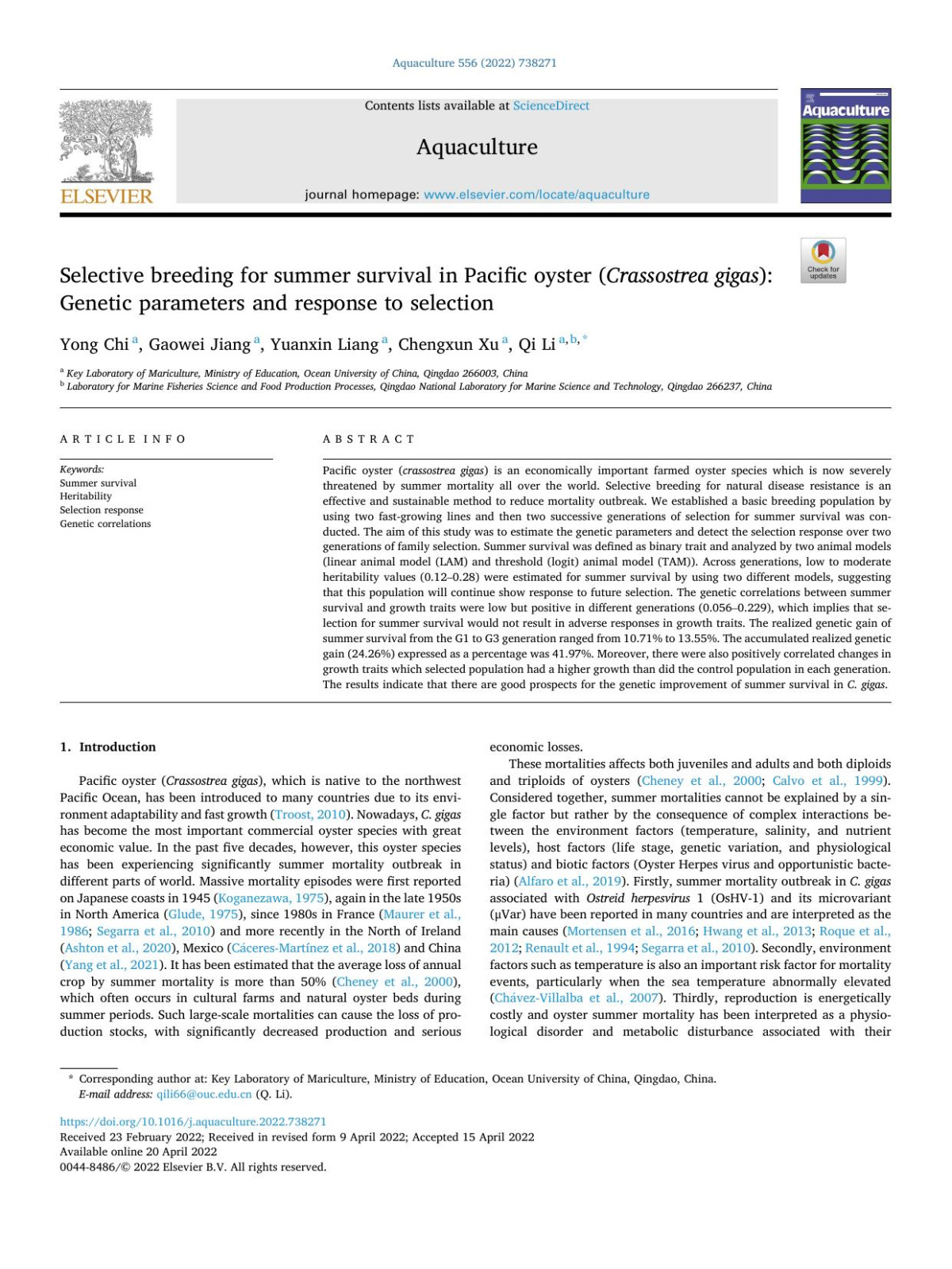 Selective Breeding For Summer Survival In Pacific Oyster Crassostrea Gigas Genetic Parameters And Response To Selection Yong Chi