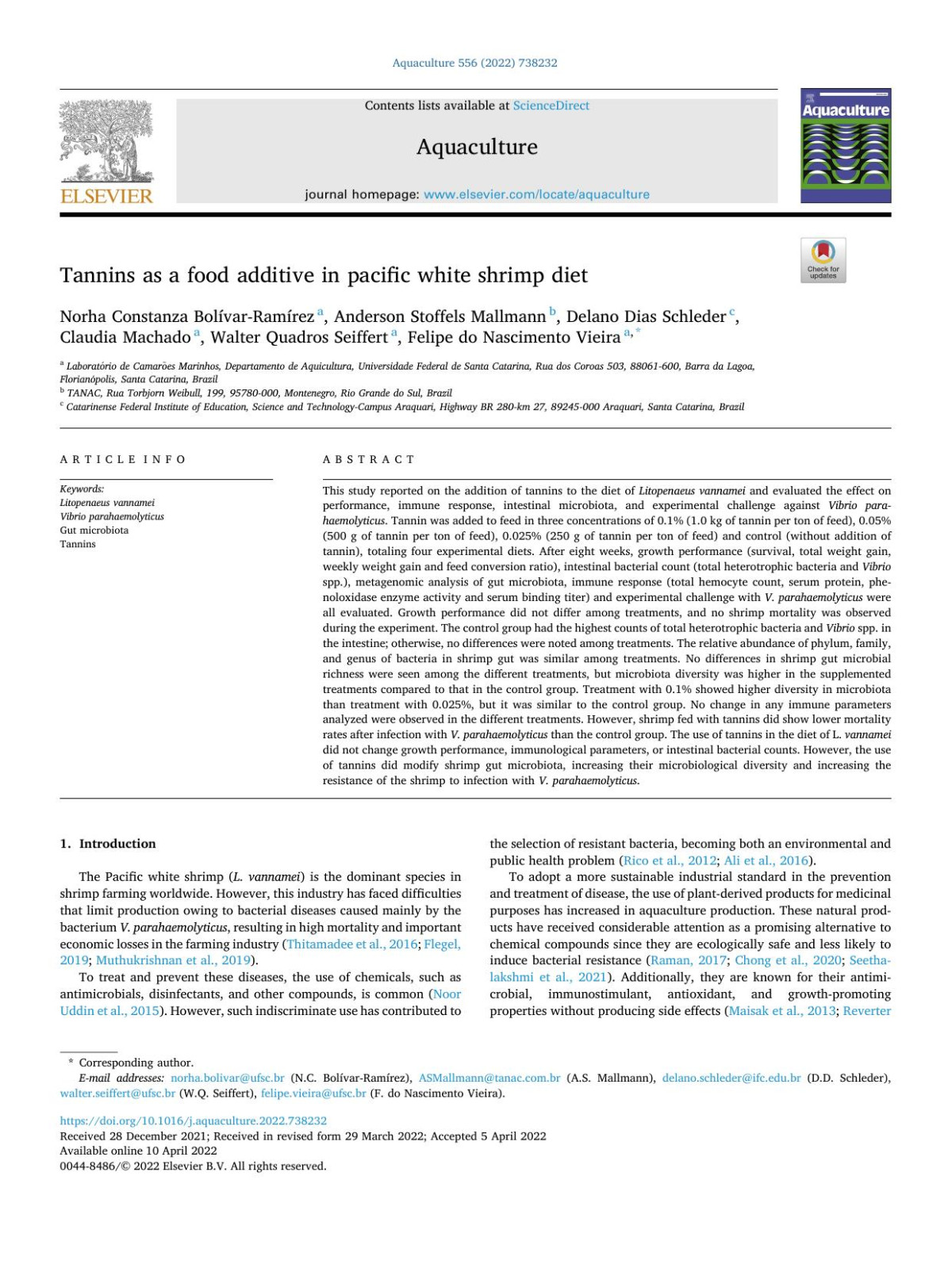 Tannins As A Food Additive In Pacific White Shrimp Diet Norha Constanza Bolvarramrez