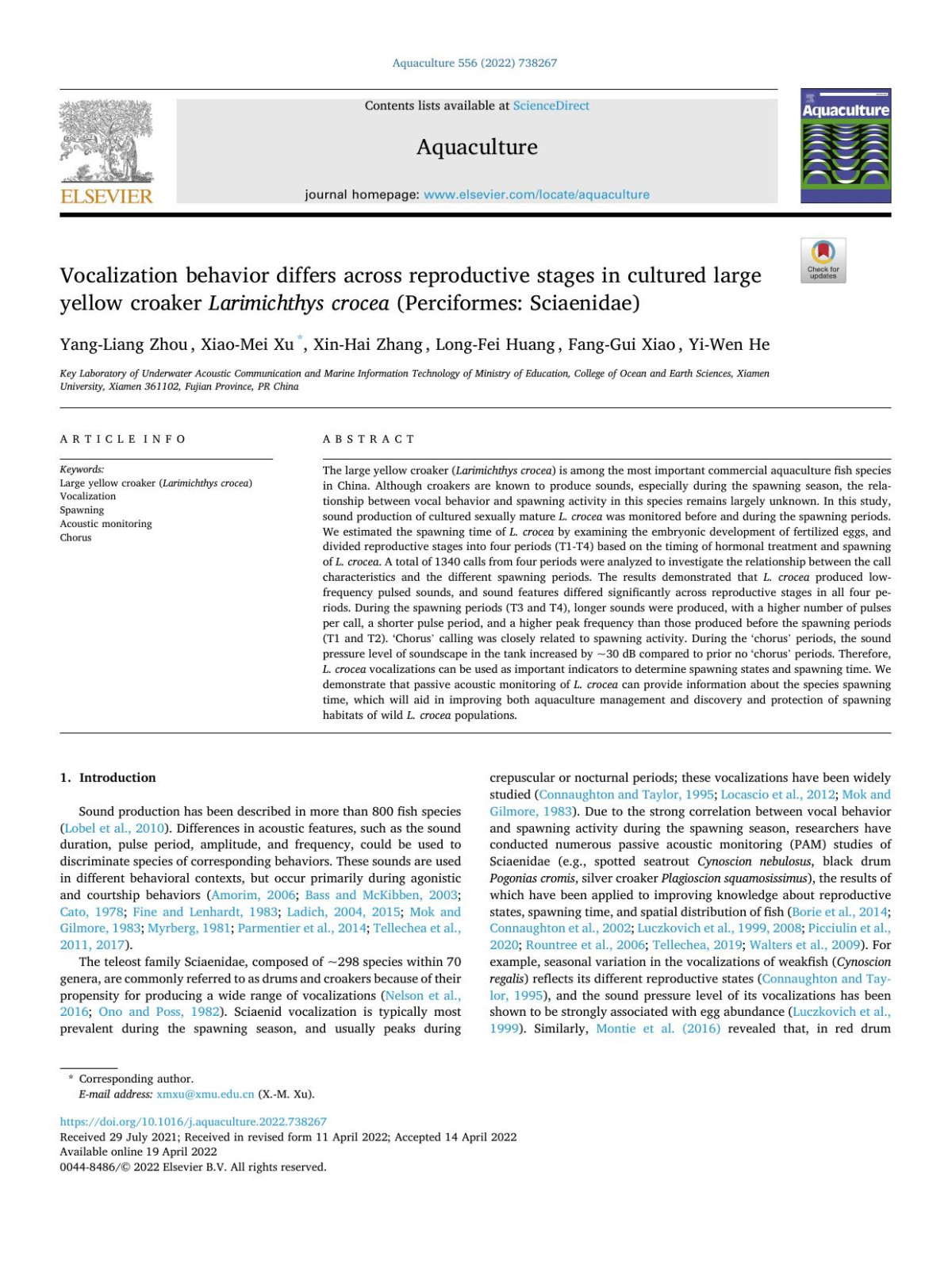 Vocalization Behavior Differs Across Reproductive Stages In Cultured Large Yellow Croaker Larimichthys Crocea Perciformes Sciaenidae Yangliang Zhou