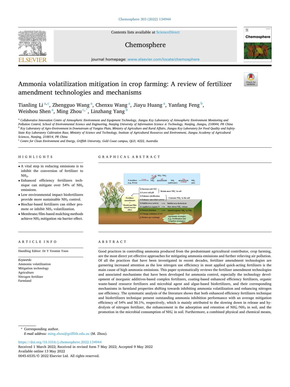 Ammonia Volatilization Mitigation In Crop Farming A Review Of Fertilizer Amendment Technologies And Mechanisms Tianling Li