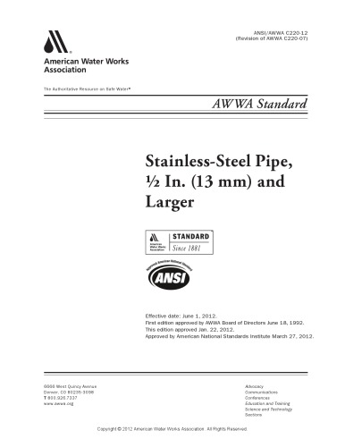Stainlesssteel Pipe 12 In 13 Mm And Larger American Water Works Association American National Standards Institute