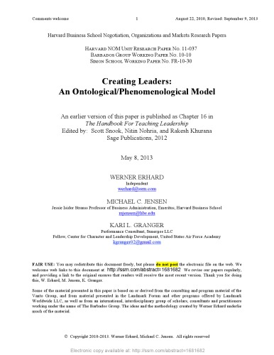 Creating Leaders An Ontologicalphenomenological Model Werner Erhard