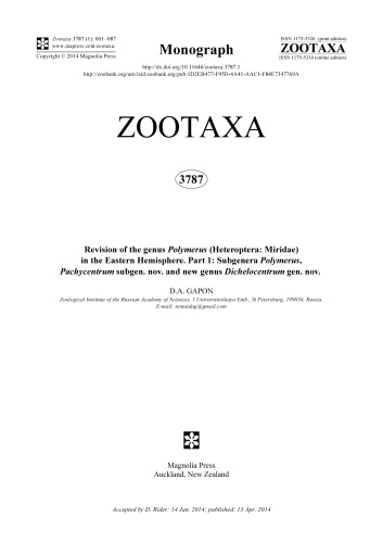 Revision Of The Genus Polymerus Heteroptera Miridae In The Eastern Hemisphere Part 1 Subgenera Polymerus Pachycentrum Subgen Nov And New Genus Dichelocentrum Gen Nov Da Gapon