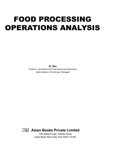 Food Processing Operations Analysis 1st Ed H Das