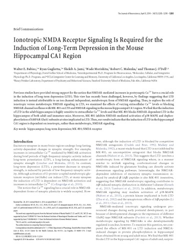 Ionotropic Nmda Receptor Signaling Is Required For The Induction Of Longterm Depression In The Mouse Hippocampal Ca1 Region Walter E Babiec1