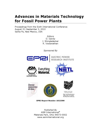 Advances In Materials Technology For Fossil Power Plants 1st Edition Electric Power Research Institute