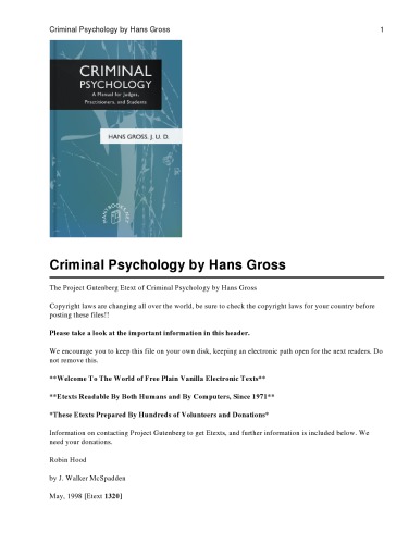 Criminal Psychology A Manual For Judges Practitioners And Students Hans Gross