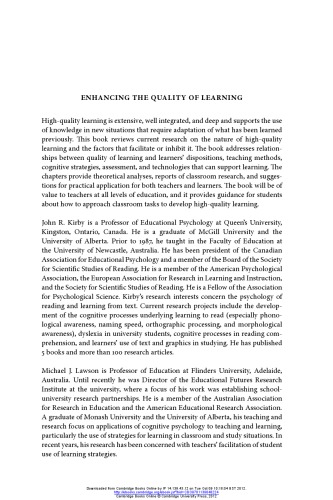 Enhancing The Quality Of Learning Dispositions Instruction And Learning Processes John R Kirby Michael J Lawson