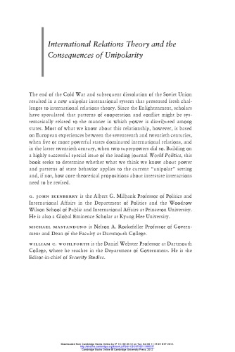 International Relations Theory And The Consequences Of Unipolarity G John Iikenberry Michael Mastanduno William C Wohlforth