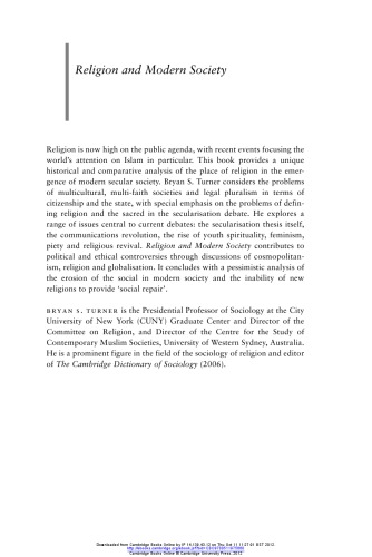 Religion And Modern Society Citizenship Secularisation And The State Paperback Bryan S Turner