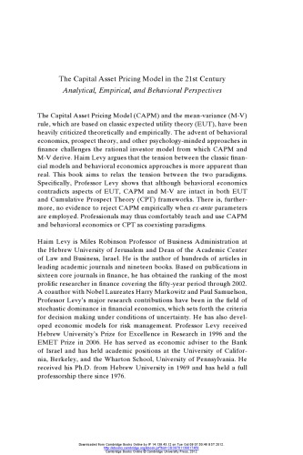 The Capital Asset Pricing Model In The 21st Century Analytical Empirical And Behavioral Perspectives Haim Levy