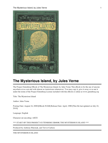 The Mysterious Island Dropped From The Clouds 1875 Jules Verne