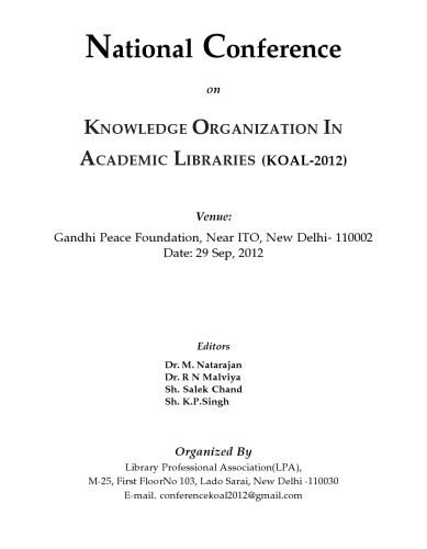 Knowledge Organization In Academic Libraries M Natarajan Library Scientist Library Professional Association New Delhi