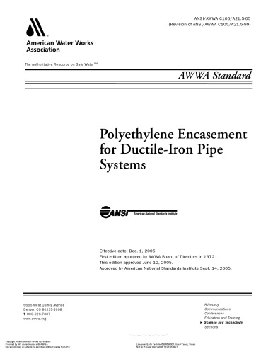 Awwa Standard For Polyethylene Encasement For Ductileiron Pipe Systems Rev American National Standards Institute American Water Works Association