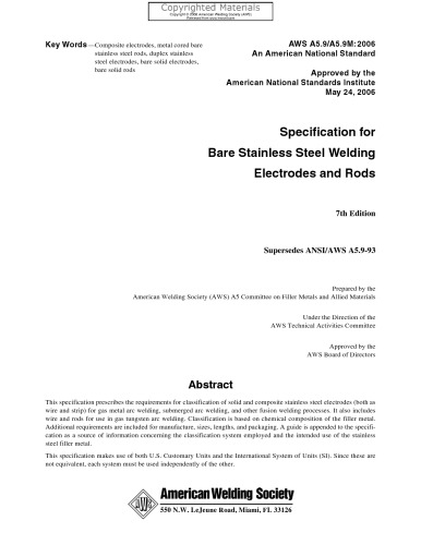 Specification For Bare Stainless Steel Welding Electrodes And Rods 7th Edition American Welding Society Committee On Filler Metals And Allied Materials American National Standards Institute