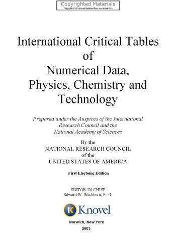 International Critical Tables Of Numerical Data Physics Chemistry And Technology 1st Electronic Edition Edward W Washburn