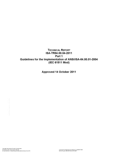 Technical Report Isatr8400042011 Part 1 Guidelines For The Implementation Of Ansiisa8400012004 Iec 61511 Mod