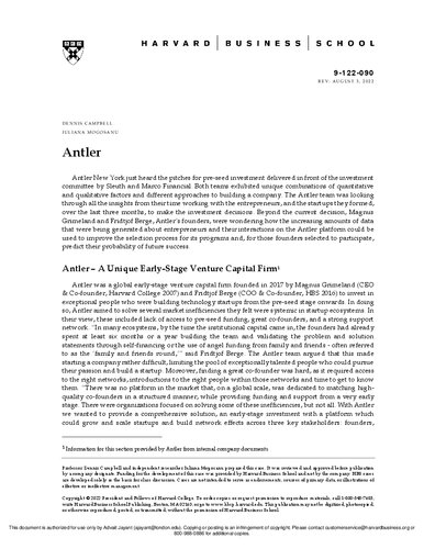 Antler Harvard Business School Case 122090 April 2022 Revised August 2022 August 2022 Dennis Campbell And Iuliana Mogosanu