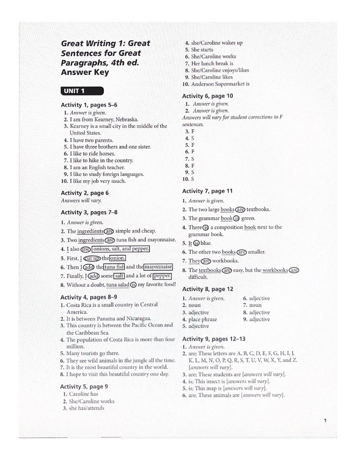Answer Key Great Writing 1 Great Sentences For Great Paragraphs4th Ed Unknown