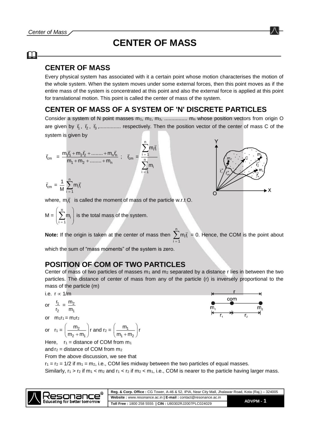 Resonance Centre Of Mass Physics Class 11 Resonance Kota