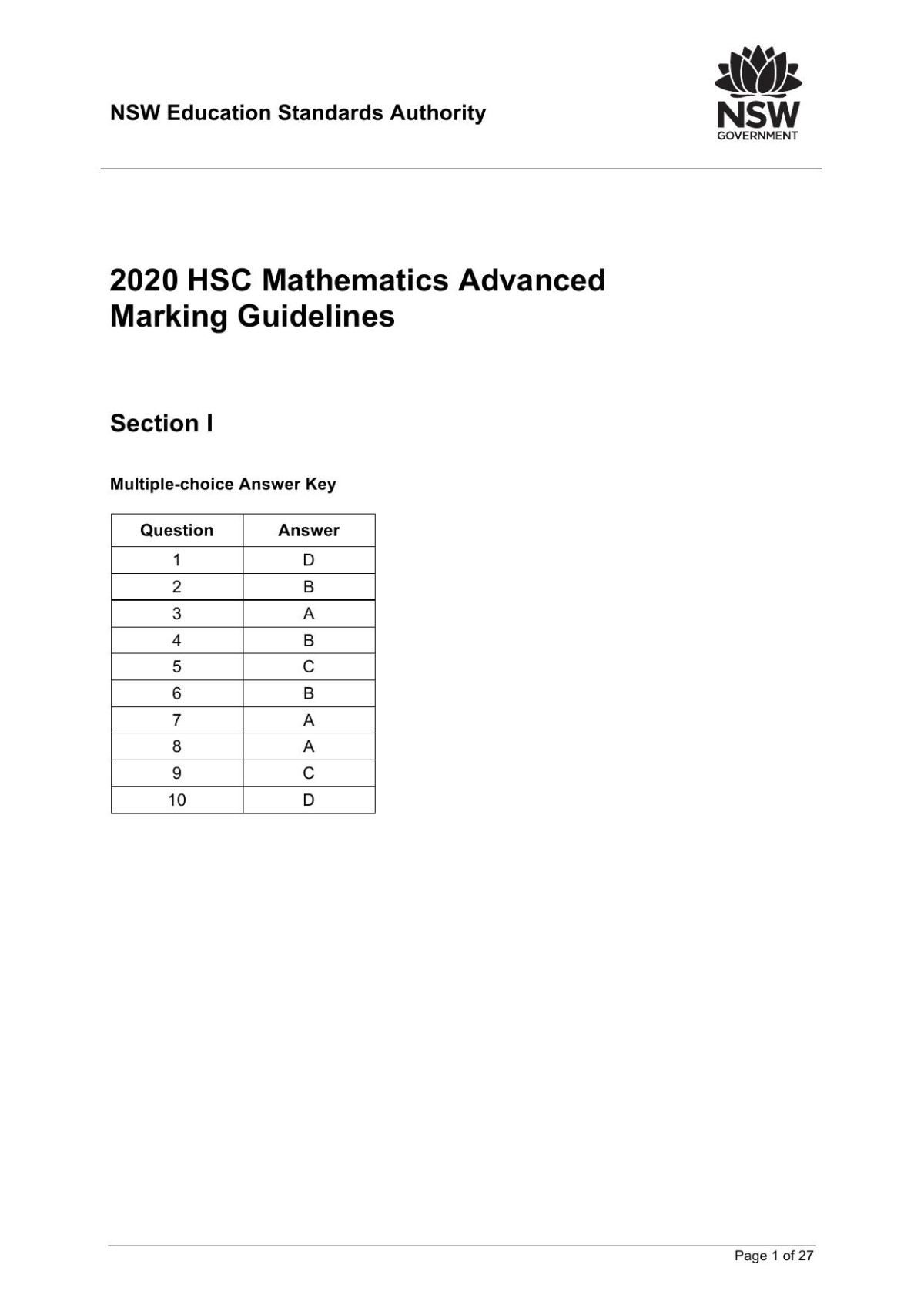 2020 Hsc Mathematics Advanced Marking Guidelines Nsw Education Standards Authority