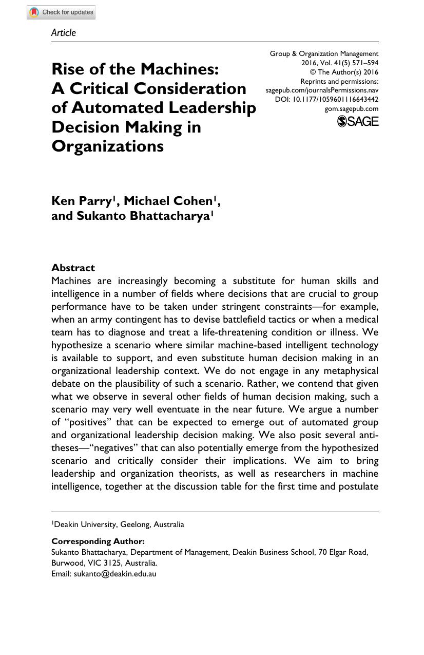 Rise Of The Machines A Critical Consideration Of Automated Leadership Decision Making In Organizations 5th Edition Ken Parry