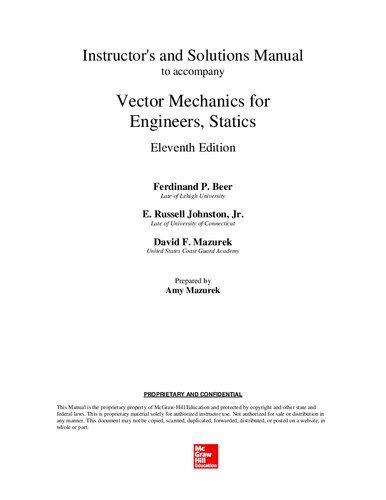 Vector Mechanics For Engineers Statics And Dynamics Instructor Solution Manual Ferdinand P Beer E Russell Johnston Jr Etc 11th Edition Ferdinand P Beer