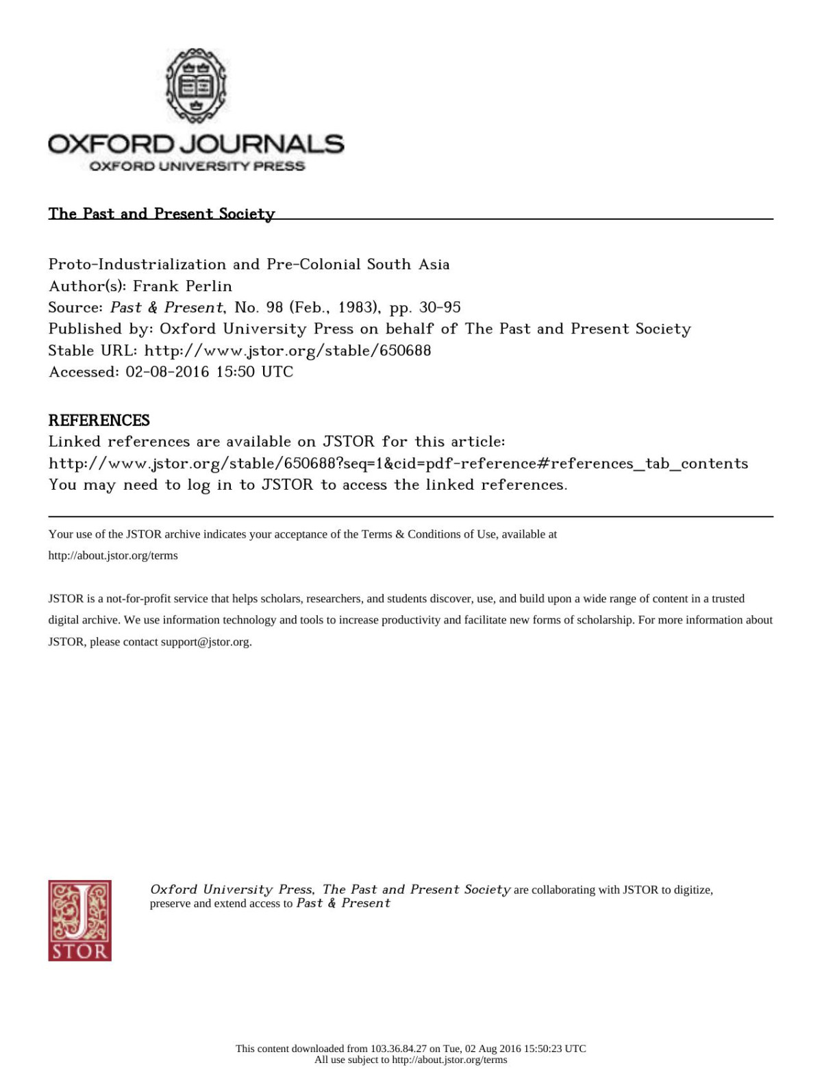 Protoindustrialization And Precolonial South Asia Frank Perlin