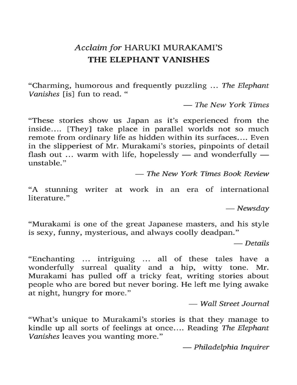 The Elephant Vanishes Stories Haruki Murakami