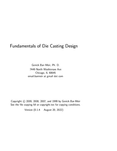 Fundamentals Of Die Casting Design 1st Edition Genick Barmeir